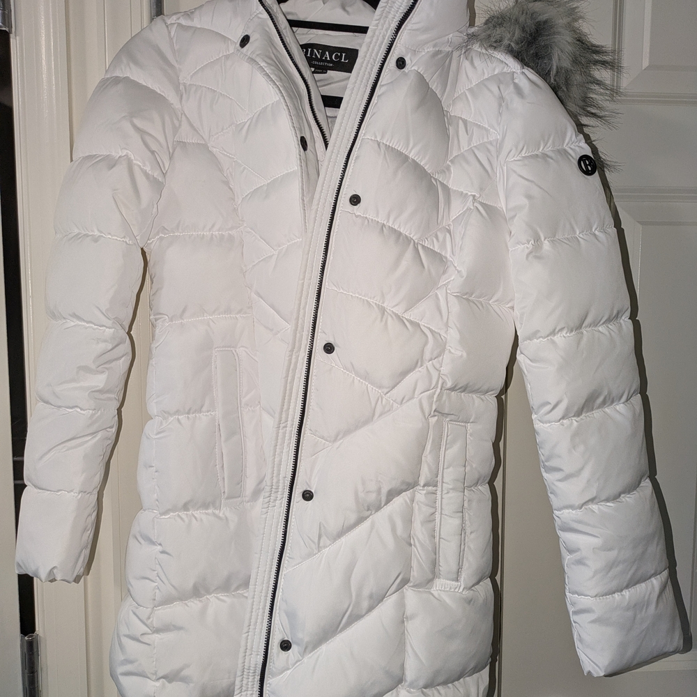 Pinnacle White Quilted Coat with Fur Hood